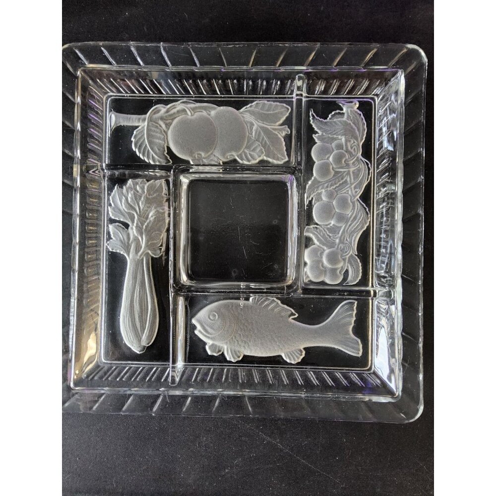 Vintage 1940s Duncan Miller Glass Serving Platter 5 Section Dish Embossed Fish &